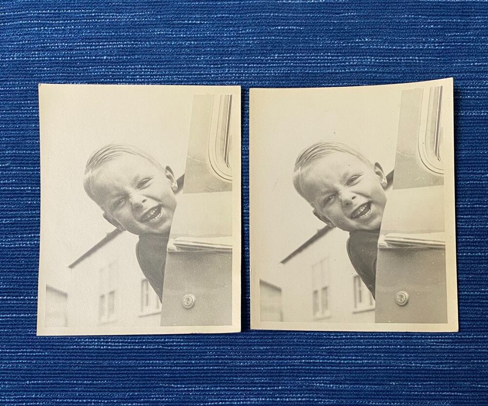Vintage Matte 4x5 Little Boy Jump Scare Car Door Photograph B/W Photo Pair 91B